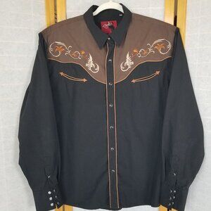 Rodeo Snap Front Shirt Black Brown Western Cowboy Embroidered Size XL READ